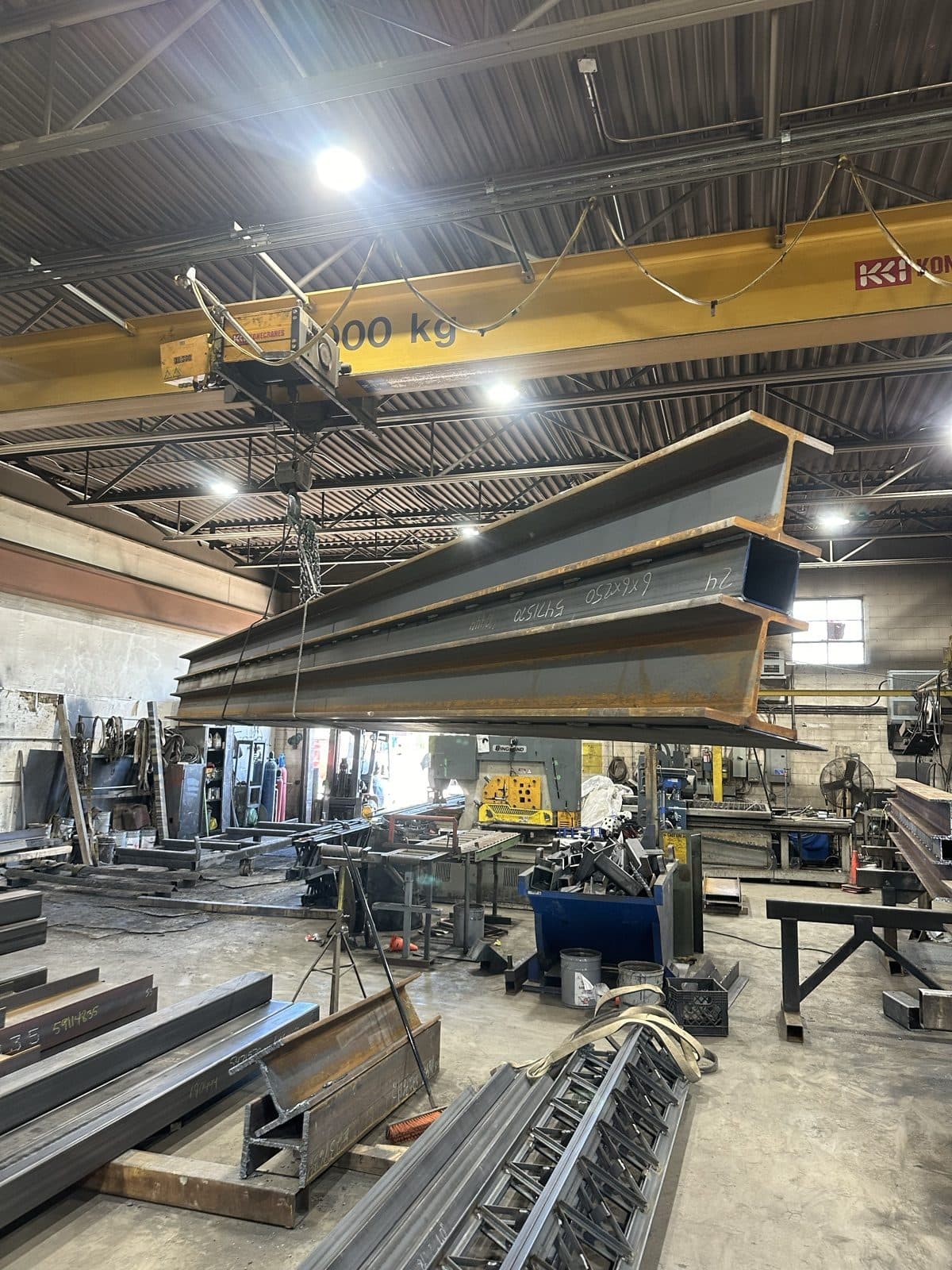 Built-up steel beams on the overhead crane in the SiloTech shop